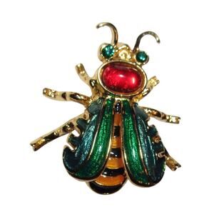 Joan Rivers Russian Bee Pin Brooch Enameled Gold Green Red Cabochon Vtg Bumble